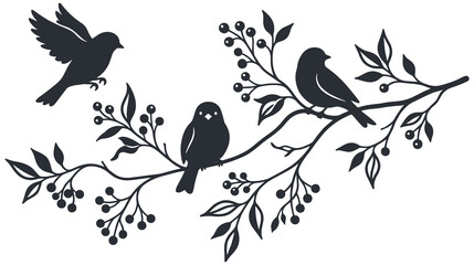 Bird silhouettes perched on berry branches vector nature illustration. © MDTAZBIRHOSSAIN