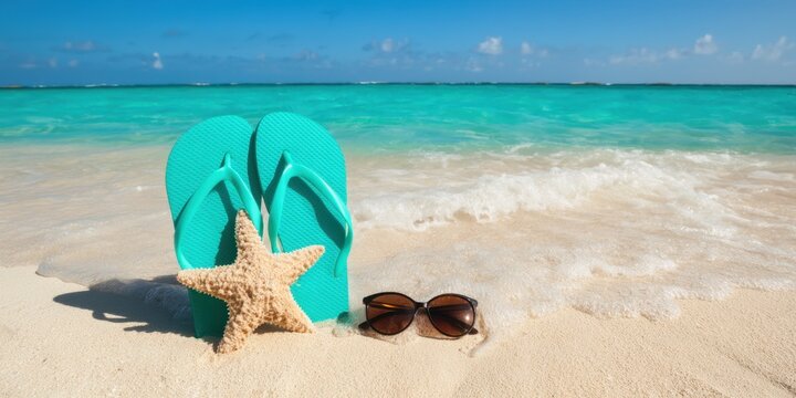 The flip-flops and starfish on a turquoise tropical beach at sunrise