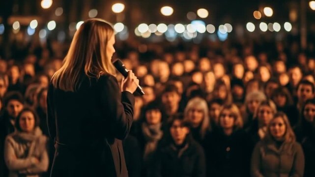 Speaker addressing a large evening audience under string lights