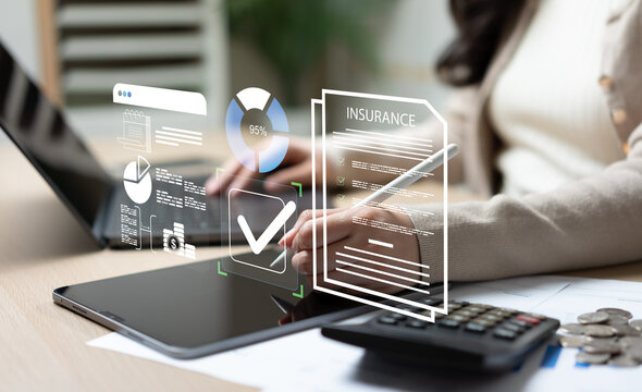 Businesswoman managing insurance policy and financial planning, analyzing budget, payment costs, business risk assessment, and corporate finance strategy.