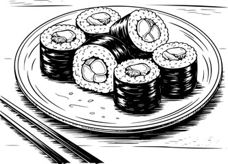 Black and white of sushi rolls a plate with chopsticks, japanese food maki © simplevector