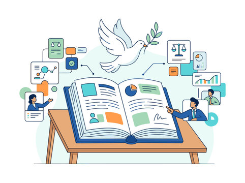 Flat vector illustration for world day of international justice with open law book and peace dove, human rights advocacy, legal system analysis and global peace strategy
