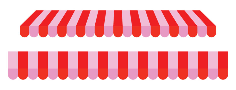 Store roof tent icon vector. Seamless candy stripe store canopy in pink and orange isolated on transparent background.