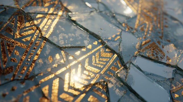 Shattered glass with intricate gold patterns