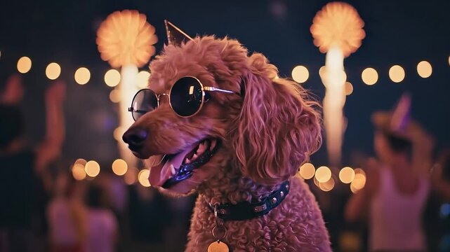 A poodle wearing sunglasses and a party hat at a lively outdoor event.