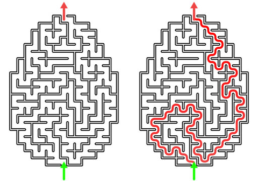 Easter egg shaped maze puzzle game with solution for children educational printable worksheet