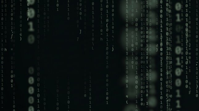 Abstract Cyber Security Background with Falling Green Binary Code on Dark Background. Digital Data Stream, Matrix Effect, Technology and Network Communication Concept for Tech Banner or Wallpaper