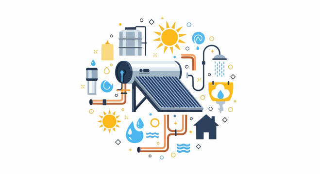 Solar Thermal Energy System Illustration - Renewable Hot Water Heating Infographic with Sun, Water Storage Tank and Plumbing Icons