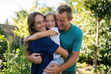 Fototapeta premium The family embracing joyfully in a sunny backyard garden on a warm day