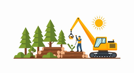 Fototapeta premium Sustainable Forestry and Logging Industry Illustration with Worker, Excavator Machine, Timber Logs and Reforestation Concept