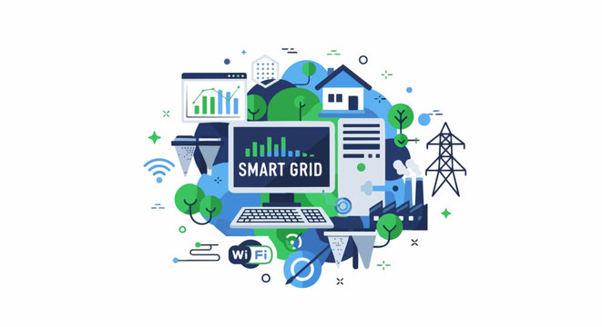 Smart Grid Energy Management and Digital Power Distribution System Concept Illustration with Sustainable Green Technology Icons