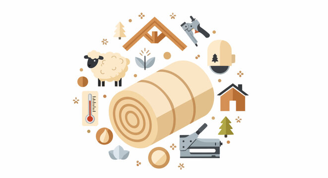 Sustainable Sheep Wool Insulation Set for Eco-Friendly Home Construction and Energy Efficiency Vector Illustration