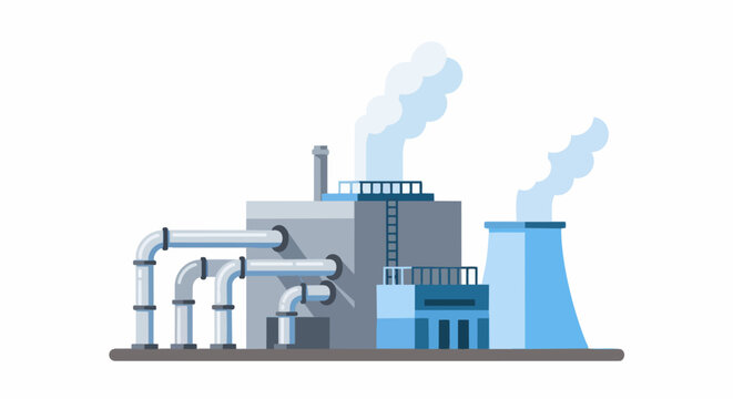 Industrial Factory Building Illustration with Smoking Chimneys and Pipes - Flat Vector Design for Manufacturing and Energy Concepts