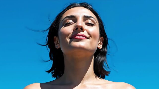 Woman basking in sunlight against a clear blue sky.