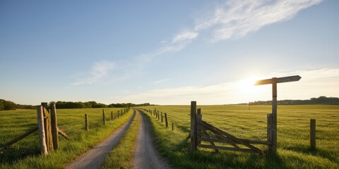 Fototapeta premium The country lane winding through green fields with rustic gate at sunrise