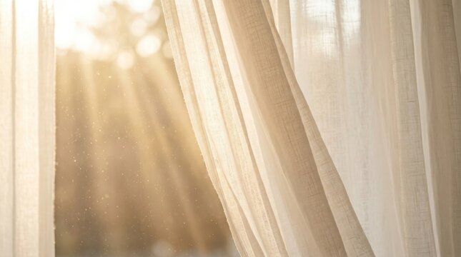 Sustained Morning Sun Rays Streaming Through Sheer Linen Curtains in a Cozy Room, Ethereal Sunlight with Floating Dust Particles Creating a Calm Soft Minimalist Aesthetic Background