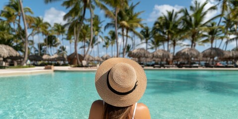 Obraz premium The person in a straw hat overlooking a tropical resort pool with palm trees