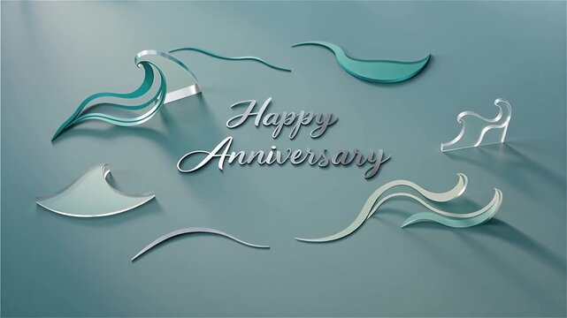 Happy anniversary elegant script typography with glass wave abstract elements on green top.