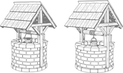 Two vintage brick wells with wooden roofs and rope pulley systems © simplevector