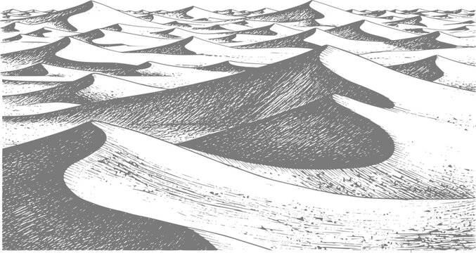 Stylized of endless desert sand dunes under a bright sky