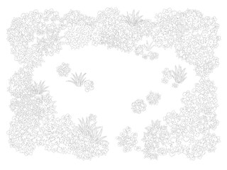 Obraz premium Top View Dense Tree Border Frame Layout CAD Line Art — Editable Outline White Fill Landscape Plan