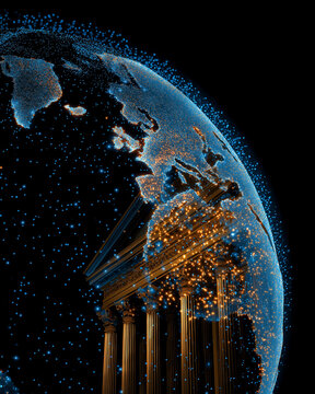 Global Finance and Ancient Architecture: A digital globe with glowing lights superimposed over classical Greek columns, symbolizing the fusion of modern technology and enduring financial structures.