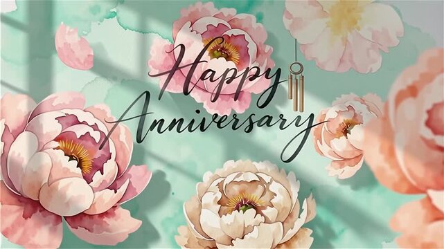 Happy anniversary elegant script lettering with blossoming watercolor pink peony flowers.
