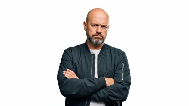 Determined bald man with arms crossed in dark jacket against plain background