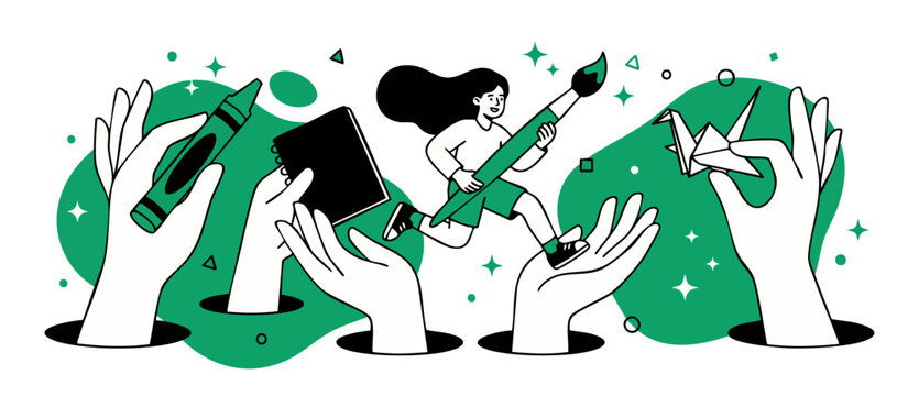Creative art vector illustration of girl running with big paintbrush and hands holding green crayon, origami paper crane, and notebook for design inspiration, teaching, handcraft hobby background vect