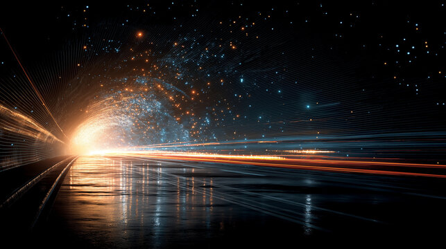 Cosmic Journey Through Time: A dynamic blend of light trails and abstract particles evoke the feeling of a rapid journey through space and time, suggesting themes of technology, innovation.