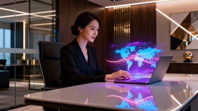 Woman working on laptop with holographic map