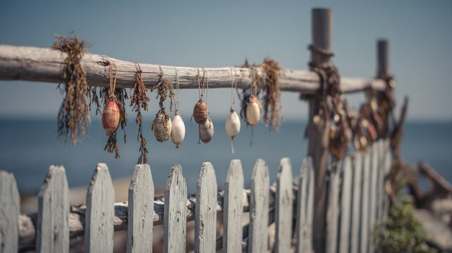 Coastal fence with fishing floats