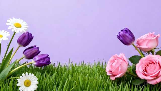 Flowers and Grass on Purple Background