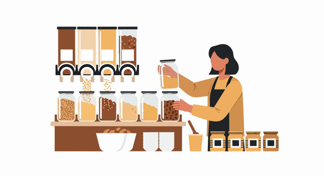 Zero Waste Grocery Shop Illustration: Sustainable Bulk Food Shopping with Eco-Friendly Glass Jars and Grain Dispensers
