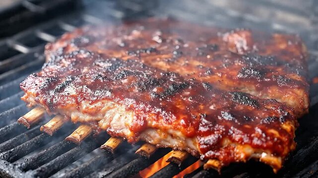 Delicious pork ribs cooking on a barbecue grill with smoke rising.
