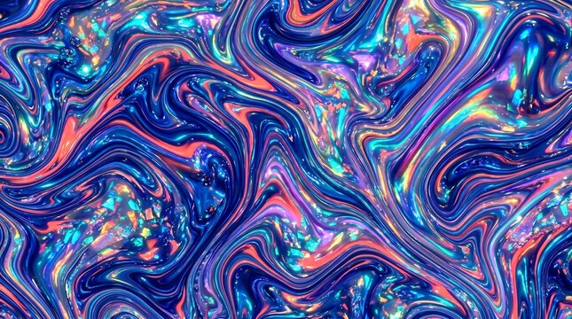 Iridescent liquid marble swirl background with holographic blue and pink waves, fluid abstract resin art, summer energy aesthetic, psychedelic trippy pattern for modern design.