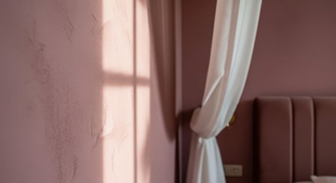 Dusty rose matte limewash wall texture with soft light and window shadow pattern
