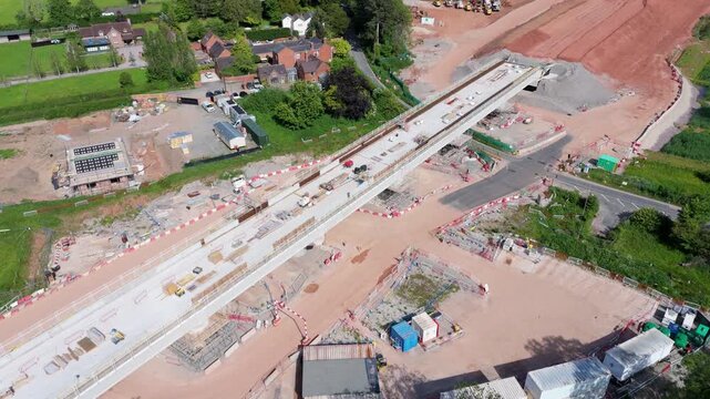 Aerial drone view of major concrete sections and earthworks for the HS2 civil engineering project near Balsall Common UK