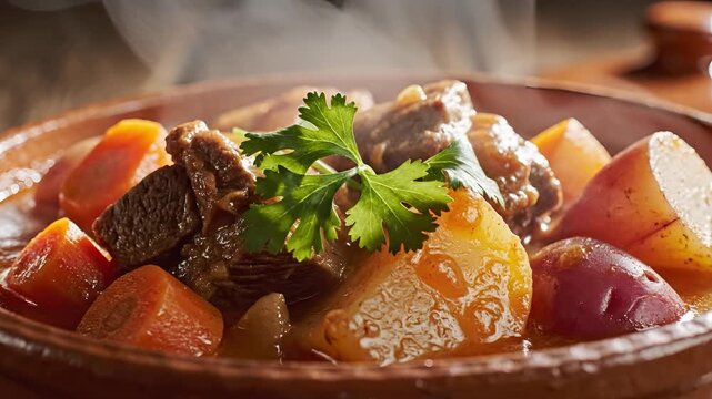 Hearty Beef Stew with Root Vegetables Steaming Hot in a Rustic Bowl.