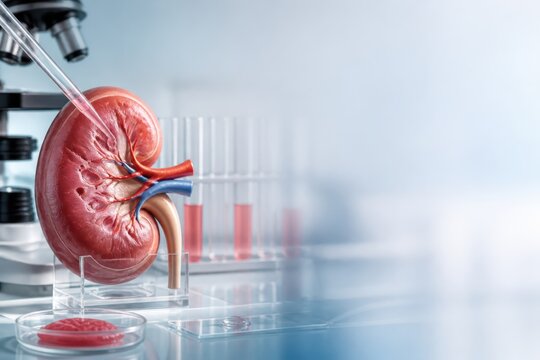 Human kidney model in modern laboratory with microscope pipette and test tubes for medical research