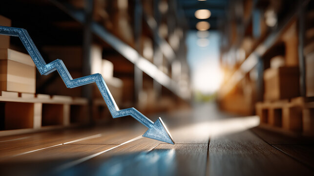 Downturn in Logistics: A sharp downward trend line illustrates a decline in the logistics and warehousing sector, with stacked boxes and shelves receding into a sunlit background.