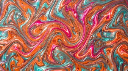 Obraz premium Abstract liquid marbling pattern with vibrant orange, teal, and pink swirls. Dynamic fluid art texture for summer backgrounds, creative design elements, and glossy paint mix.