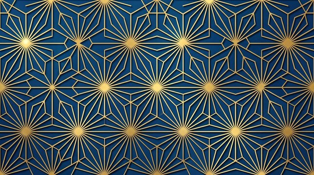 Gold geometric star pattern on navy blue background, luxury Islamic mandala design, elegant Japanese asanoha motif, 3D textured wallpaper for premium summer branding and decor.