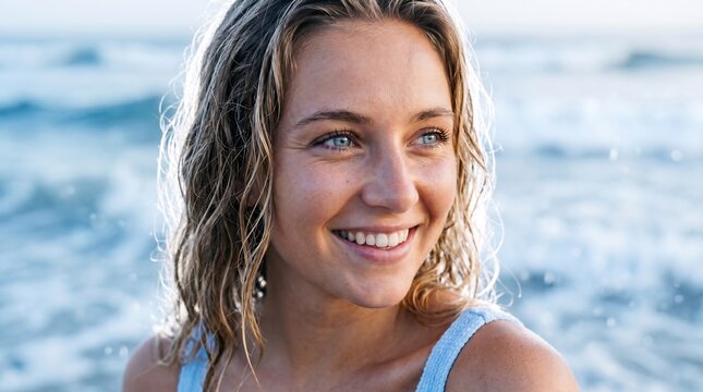 Radiant young woman with wet hair smiling at the beach, natural sunlit beauty portrait, summer vacation lifestyle, glowing skin, blue eyes, seaside holiday joy, fresh face.