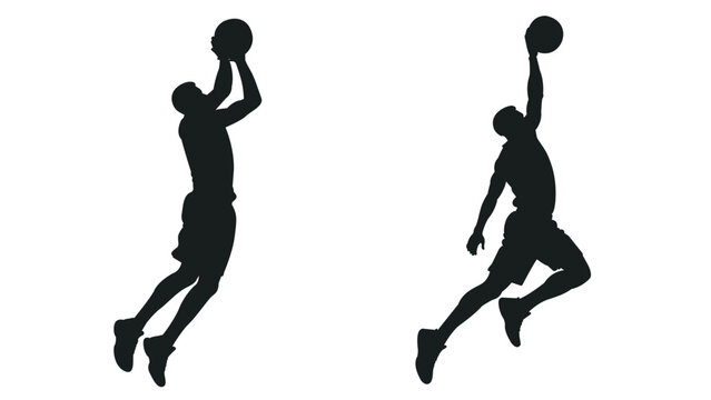 Basketball player jumping silhouettes vector illustration, athlete shooting and dunking set