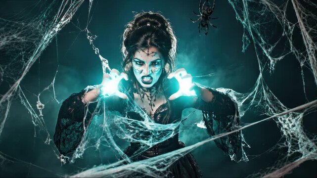 Powerful gothic witch conjuring a glowing magical energy blast with her hands amidst thick spiderwebs and a giant spider, dark fantasy horror scene with cinematic lighting.
