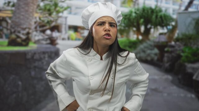 Hispanic woman chef points finger with hand on hip wearing white chef jacket and toque in a building courtyard; anger authority.