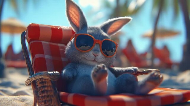 Cute cartoon bunny relaxing on beach lounge chair with sunglasses. Easter, Pascha, Paskha, Ostern, Pascua, Paques - Orthodox and Catholic Holiday celebration