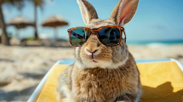 Cool rabbit relaxing on beach with sunglasses on a sunny day. Easter, Pascha, Paskha, Ostern, Pascua, Paques - Orthodox and Catholic Holiday celebration