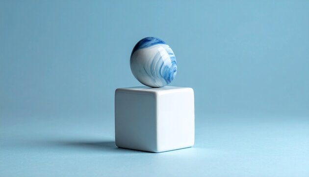 Concepto de equilibrio: cubo cer&aacute;mico y esfera en balanc&iacute;
